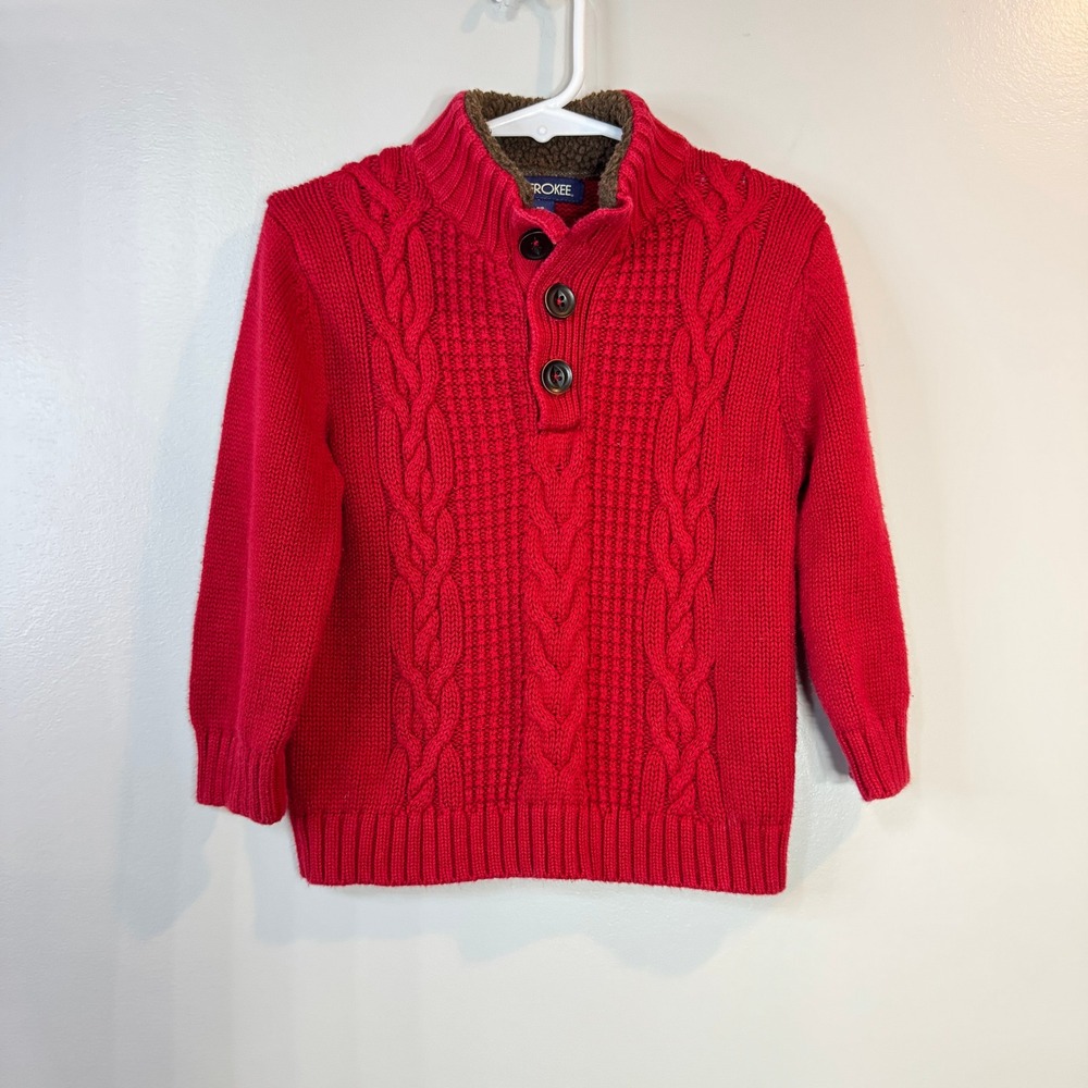 Cherokee Boys 2T Red Cable Knit Sherpa Lined Mock Neck Sweater Holiday Christmas